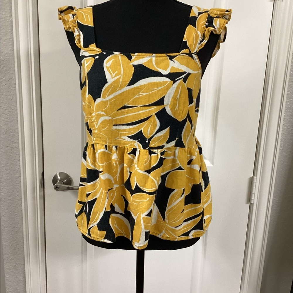 Who What Wear Yellow and Black Ruffled Peplum Blouse
